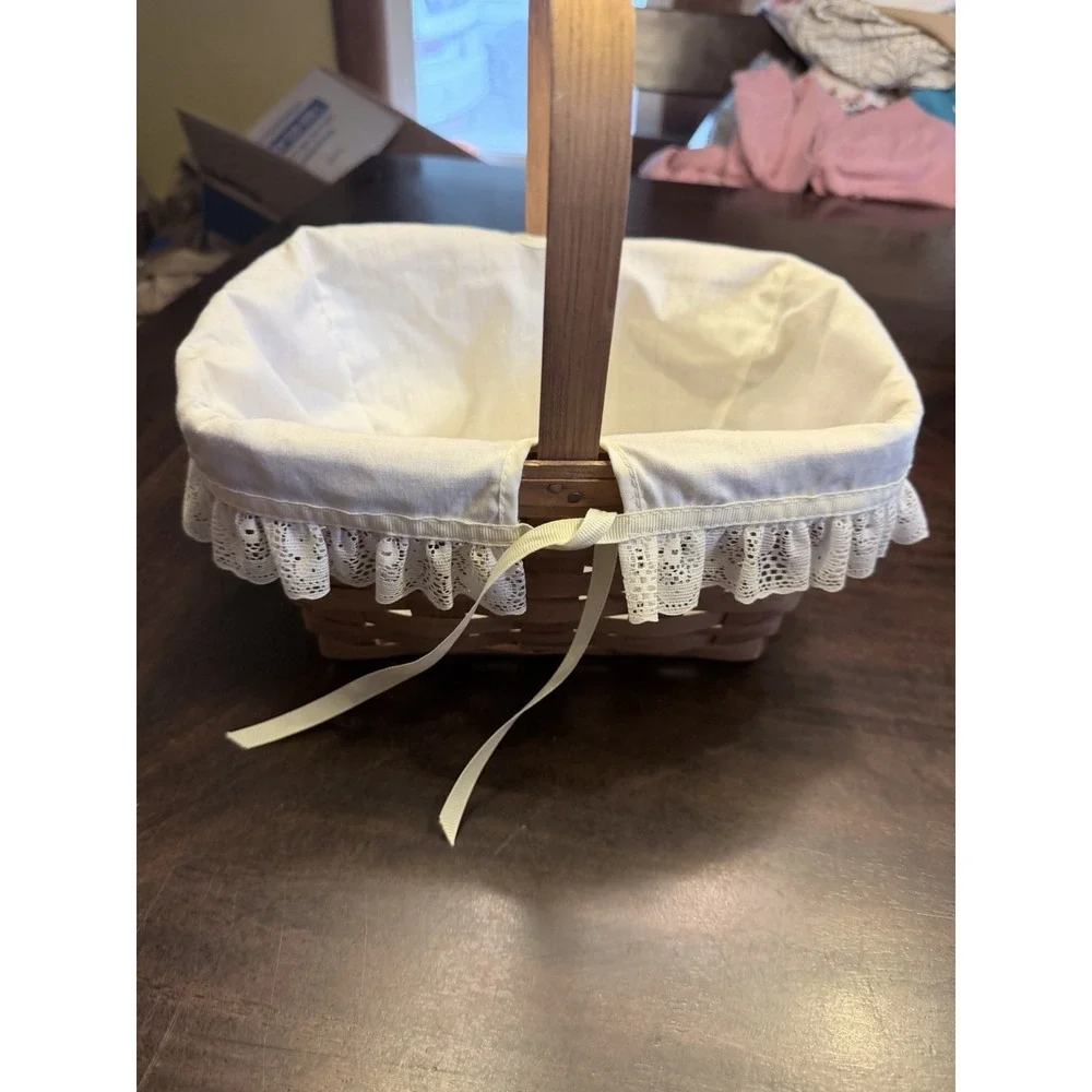 1988 Longaberger Rectangle Basket w/ Handle Cream Lace Liner & Protector 10.5x11
